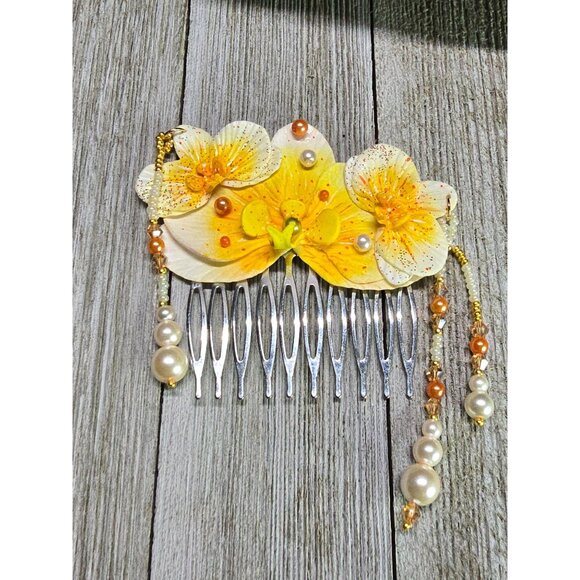 Crafted Glass Beaded Yellow White Asian Inspire Orchid Hair Comb Carnelian Style - Picture 8 of 10